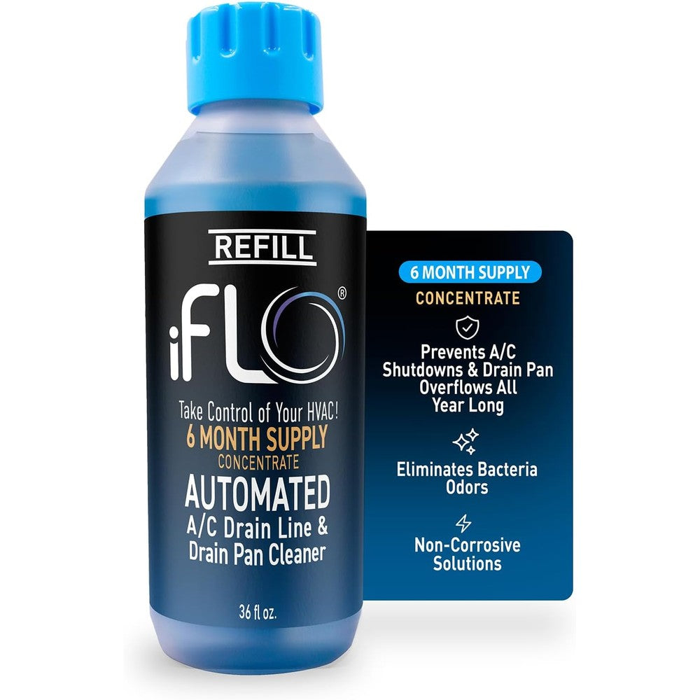 iFLO Smart AC Drain Line Cleaner 36 ounce cartridge front view for HVAC maintenance.