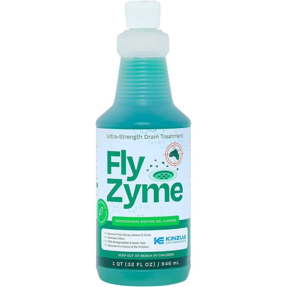 Kinzua Environmental Fly-Zyme bottle front view enzyme drain cleaner for fruit fly control.