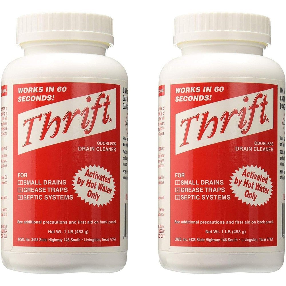 Thrift T-100 Alkaline Based Granular Drain Cleaner front view pack of two imported formula.