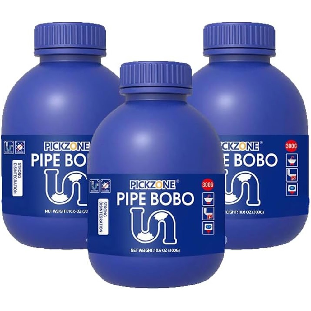 Pickzone Pipe Bobo Drain Cleaner 3 Piece Set front view powerful unclogging powder.