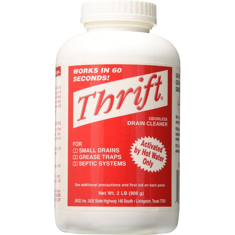 Thrift T-200 Granular Drain Cleaner 2 pound bottle front view for professional plumbing maintenance.