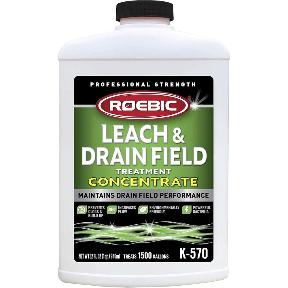 Roebic K-570-Q Leach and Drain Field Opener Concentrate 32 Ounce bottle front view for septic maintenance.