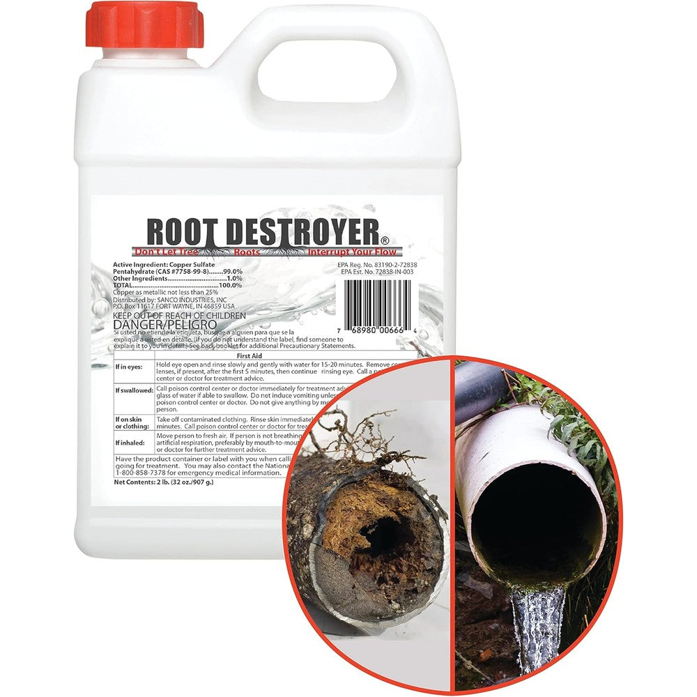 Sanco Industries Root Destroyer 2 Pounds front view copper sulfate crystals for sewer line maintenance