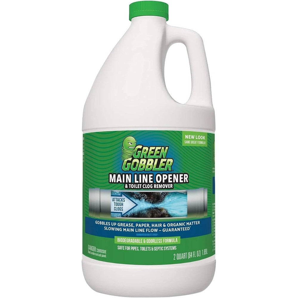 Green Gobbler Ultimate Main Drain Opener front view bottle for hair clog removal.