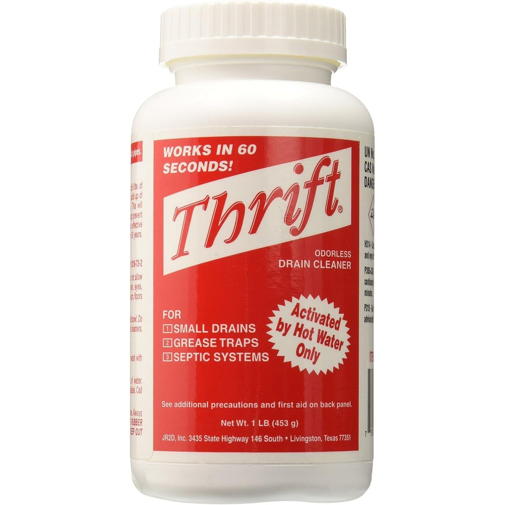 Thrift T-100 Alkaline Based Granular Drain Cleaner 1 pound bottle front view authentic USA import.