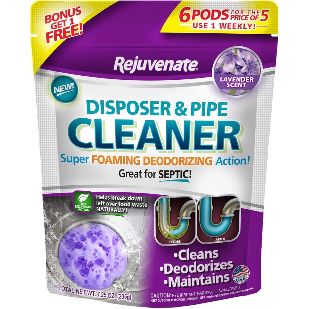 Rejuvenate Lavender Garbage Disposal Cleaner 6 Pods front view for kitchen drain maintenance.
