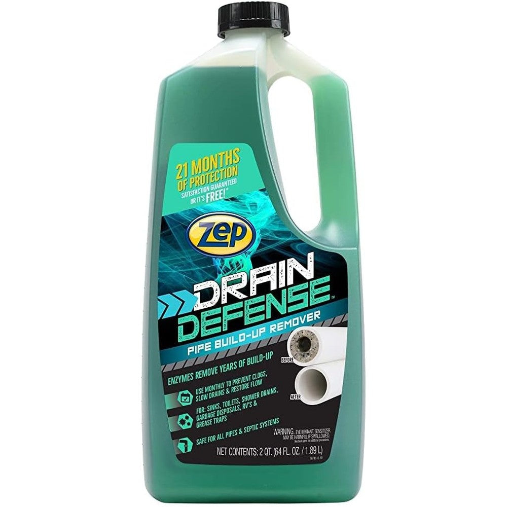 Zep Drain Defense Pipe Build-Up Remover 64 Ounce bottle front view professional plumbing cleaner.