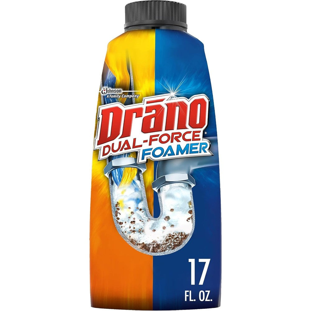 Drano Dual-Force Foamer 17 fluid ounce bottle front view authentic USA imported drain cleaner.
