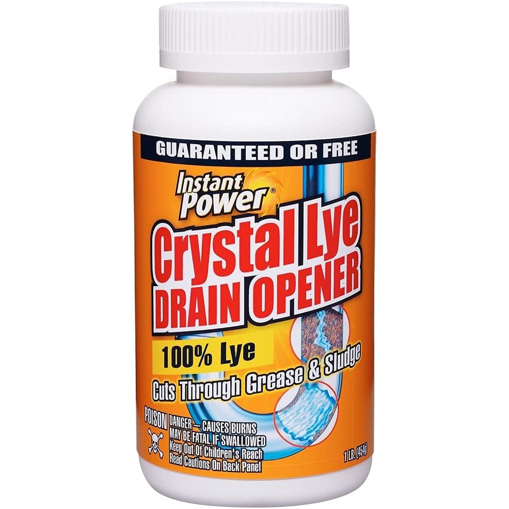 Instant Power Crystal Lye Drain Opener 1 Pound bottle front view for unclogging kitchen sinks.