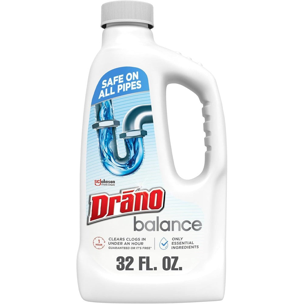 Drano Balance Drain Clog Remover 32oz bottle front view for sink and pipe cleaning.