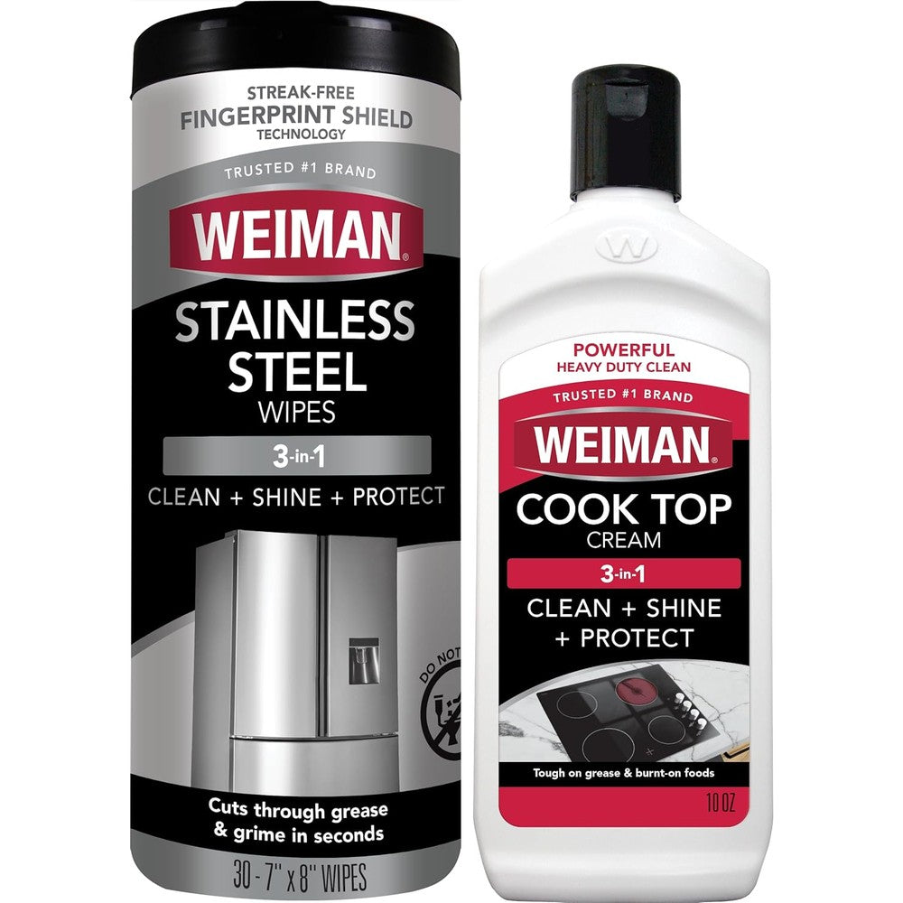 Weiman Heavy Duty Cooktop Polish and Stainless Steel Wipes front view kitchen cleaning kit