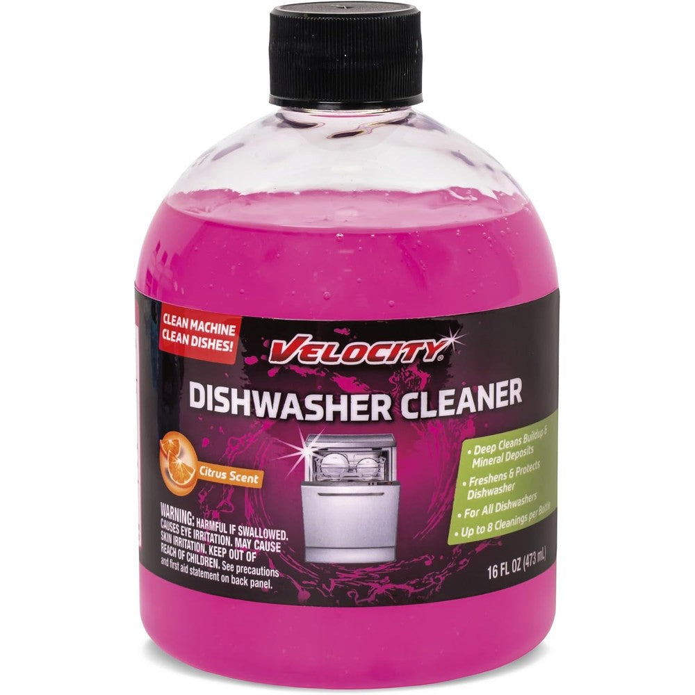 Velocity Dishwasher Cleaner and Deodorizer front view bottle for machine descaling