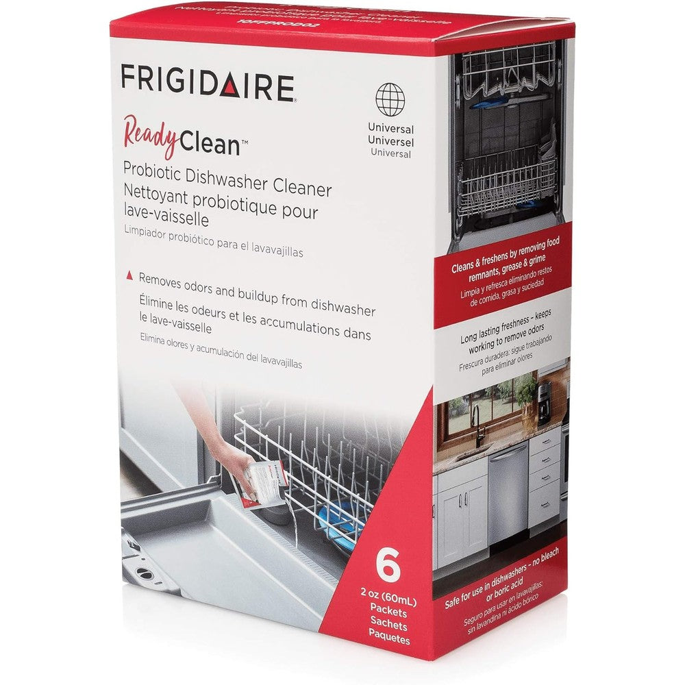 Frigidaire Ready Clean Probiotic Dishwasher Cleaner front view packaging for appliance maintenance