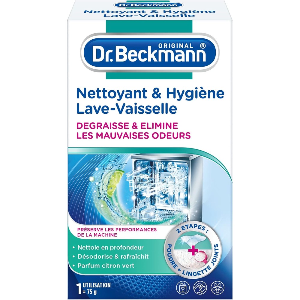 Dr. Beckmann Dishwasher Hygiene Cleaner front packaging for deep appliance sanitization.