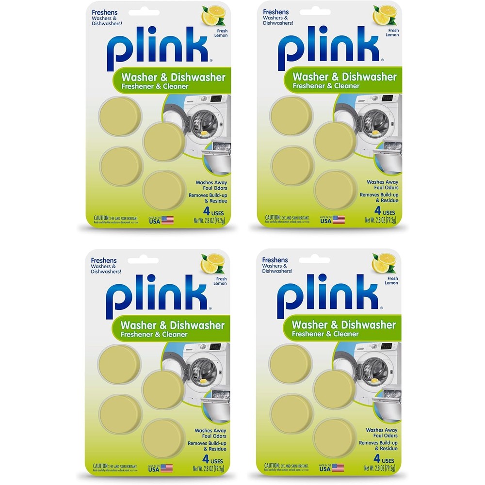 Plink washer and dishwasher freshener cleaner four pack front view showing lemon scent packaging