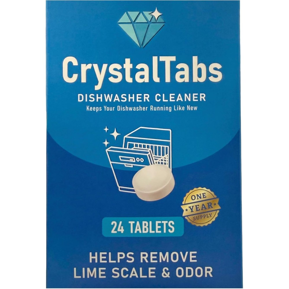 CrystalTabs dishwasher cleaner tablets front view packaging