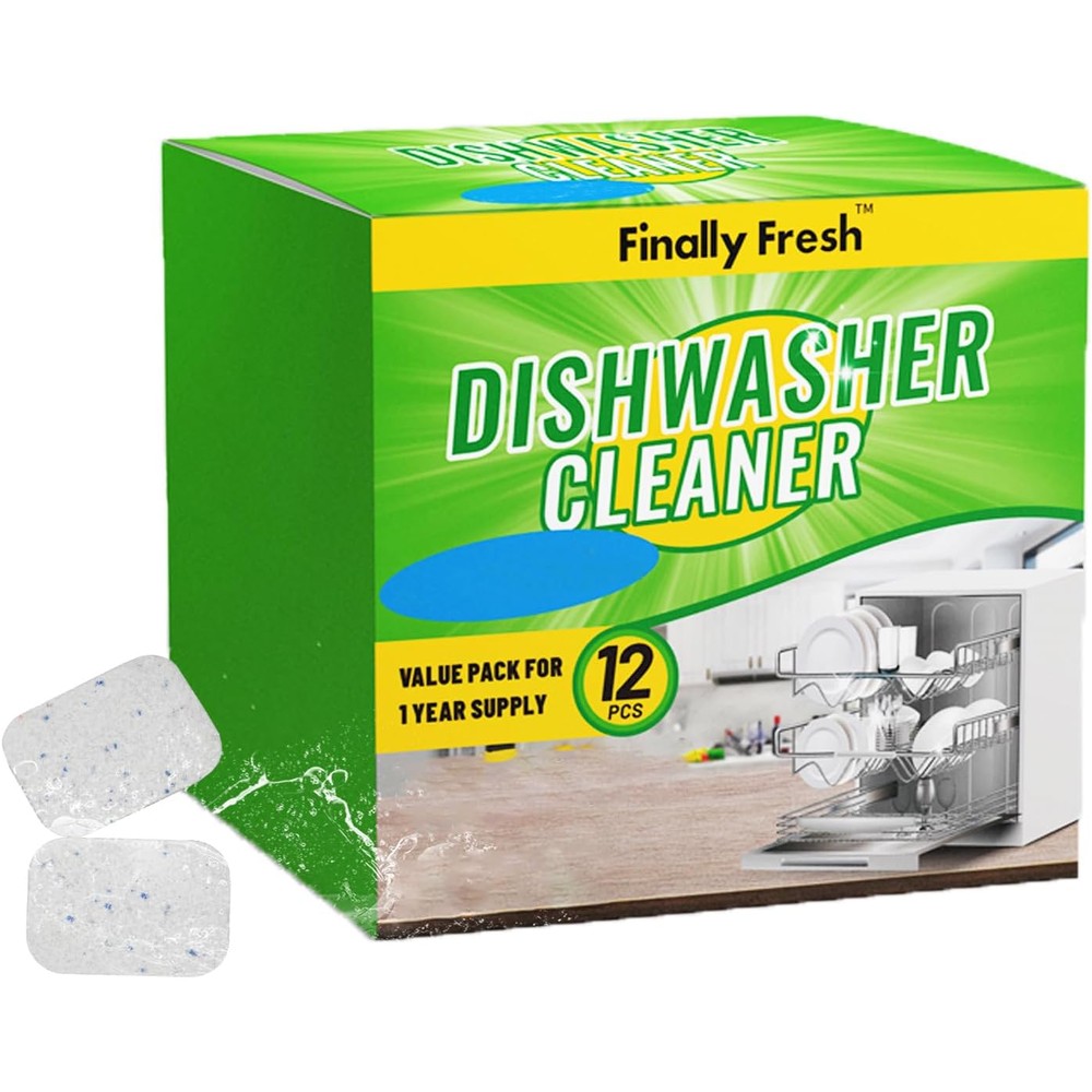 Finally Fresh Dishwasher Cleaner and Deodorizer 12 Count front view pack for hard water descaling.
