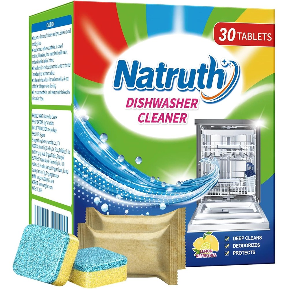 NATRUTH dishwasher cleaner tablets 30 pack front view for deep appliance cleaning.