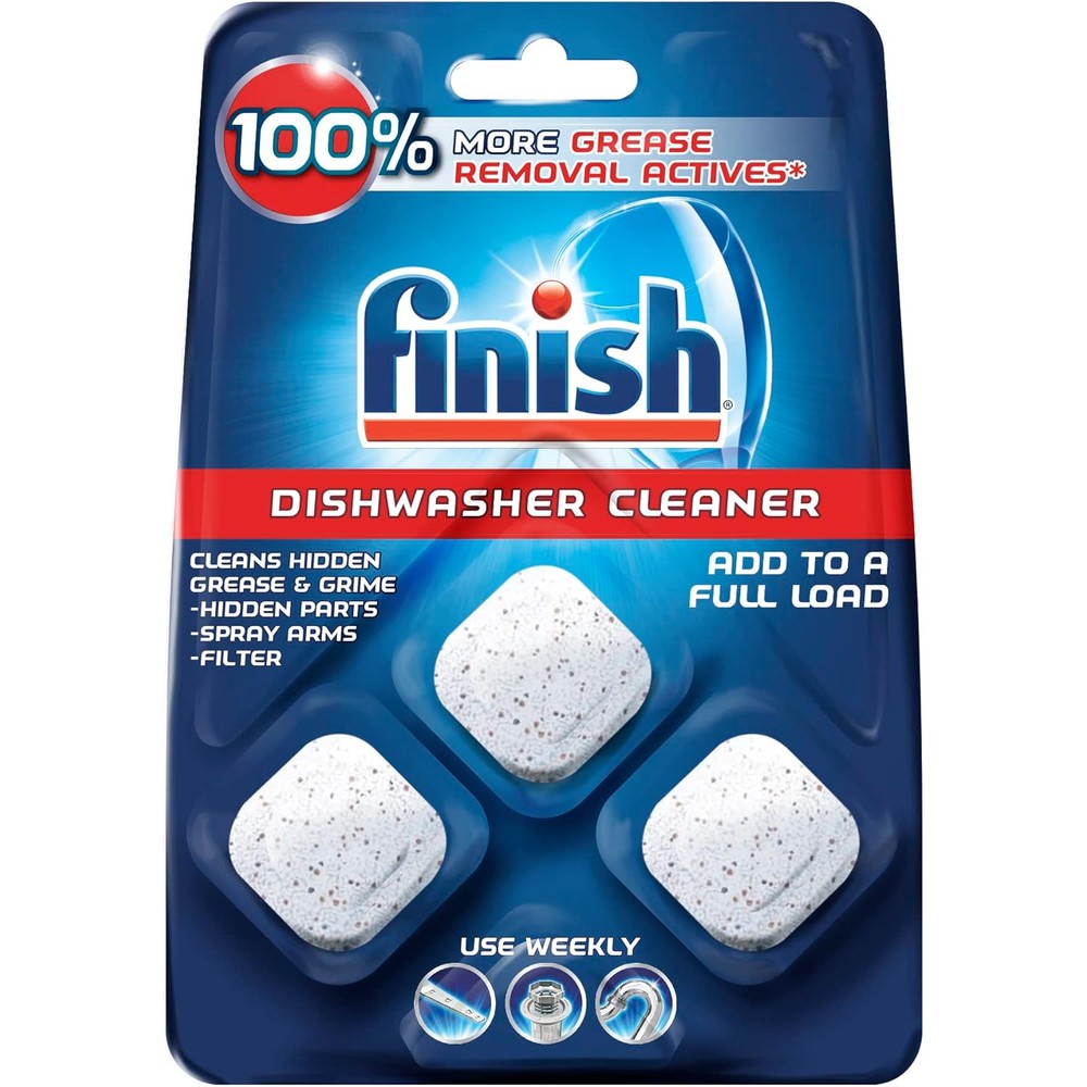 Finish In Wash Dishwasher Cleaner three count front packaging showing grease removal benefits