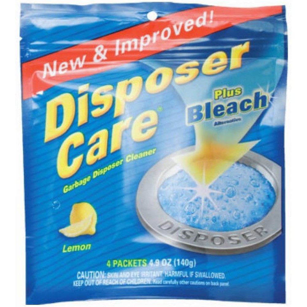 Disposer Care garbage disposal cleaner packet front view showing lemon scent and foaming action.