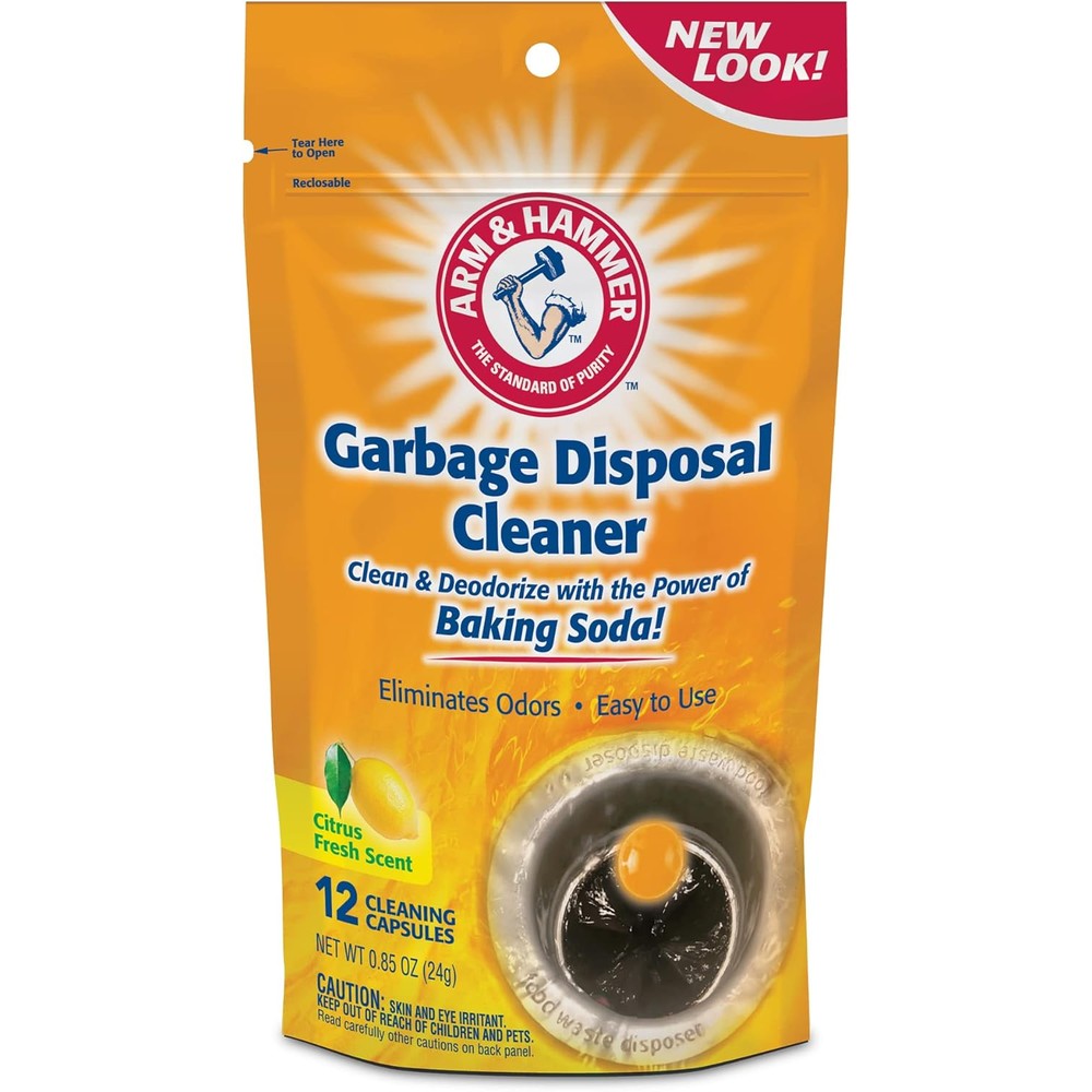 Arm & Hammer garbage disposal cleaner capsules with citrus scent and baking soda for sink odors