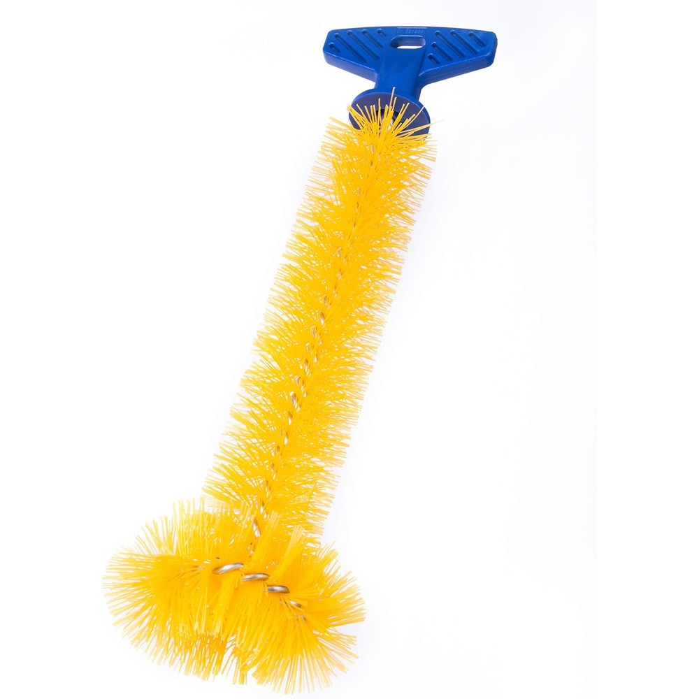 Mr. Scrappy Universal Garbage Disposal Brush with yellow bristles and blue handle