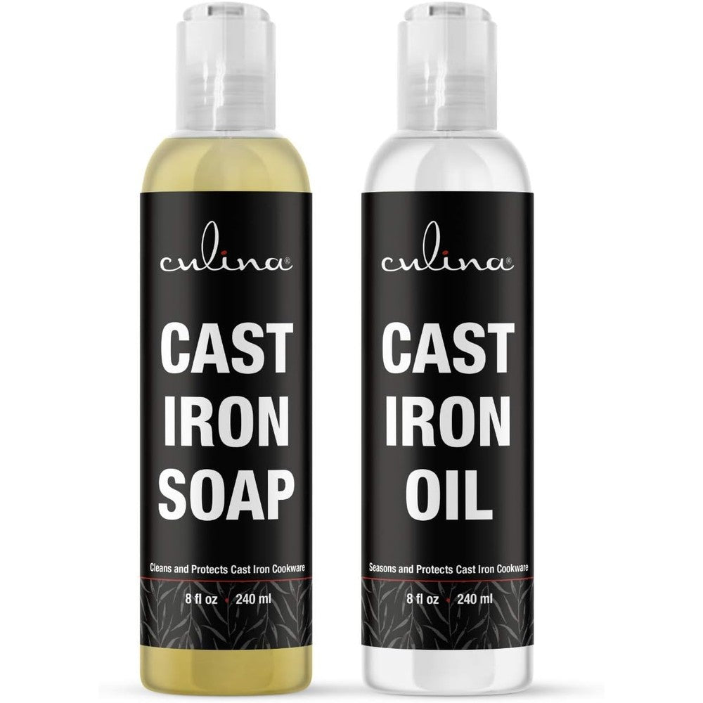 Culina cast iron cleaning kit front view showing cleanser and conditioner oil bottles