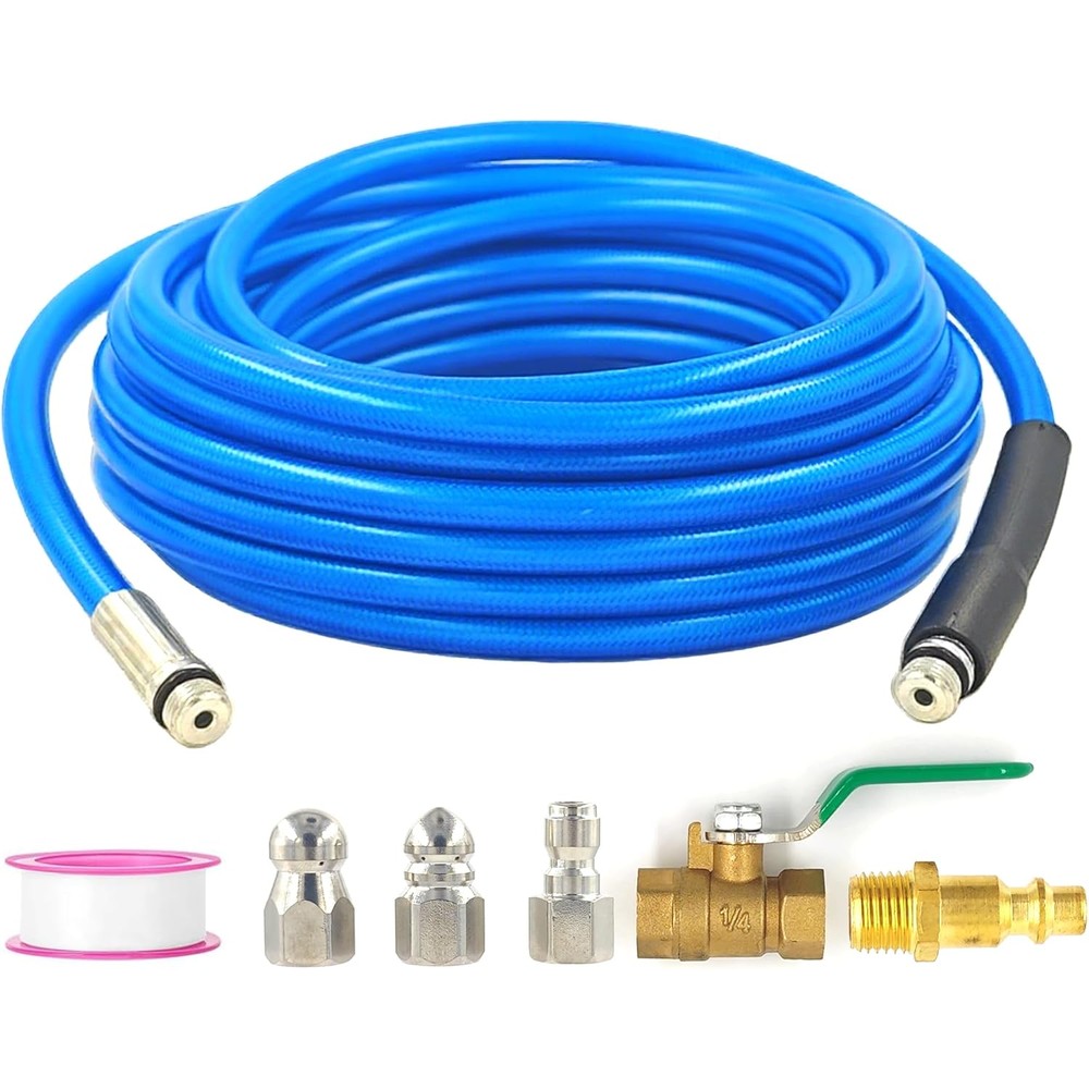 Enovorld Cyclone Home Dryer Vent Cleaning Kit front view featuring the blue pressure hose and brass connections.