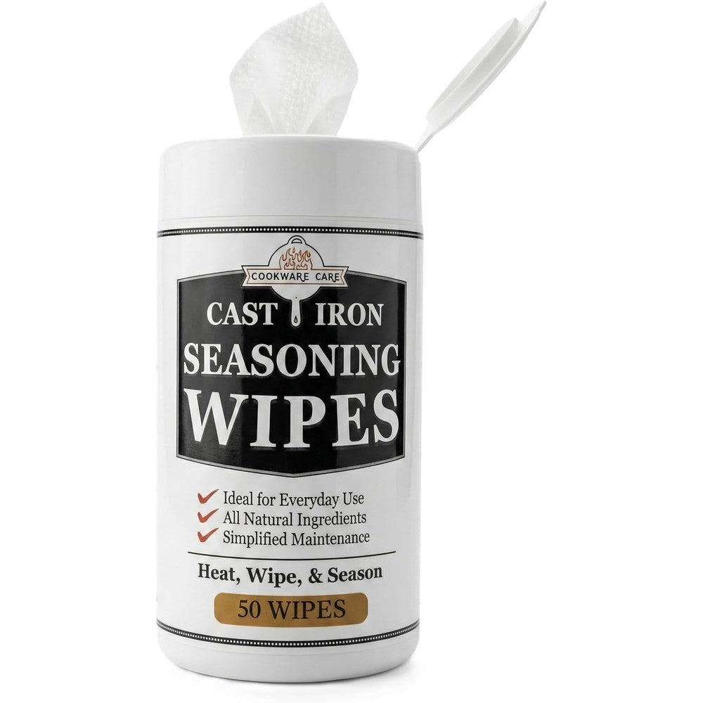 Cookware Care cast iron seasoning oil wipes front view canister for skillet maintenance