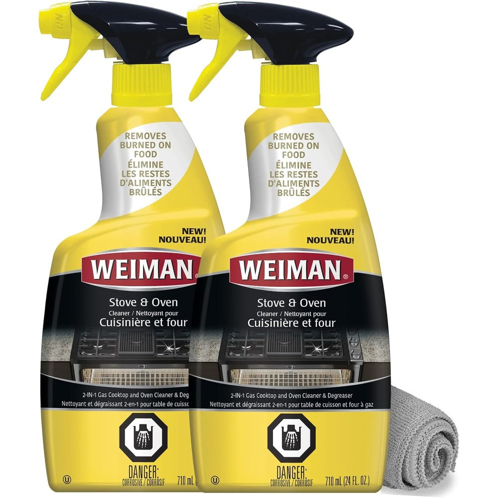 Weiman Heavy Duty Stove and Oven Cleaner front view showing two spray bottles and a microfiber towel