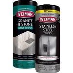 Weiman Stainless Steel Wipes and Granite Wipes combo pack front view showing canister packaging for kitchen appliance cleaning.