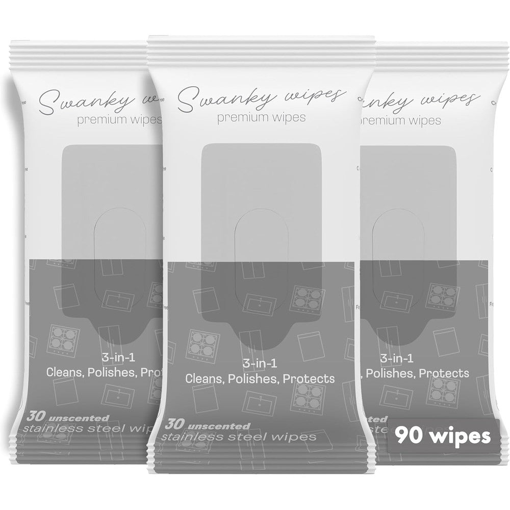 Swanky Wipes stainless steel cleaner wipes 90 count front view canister for kitchen appliance cleaning.