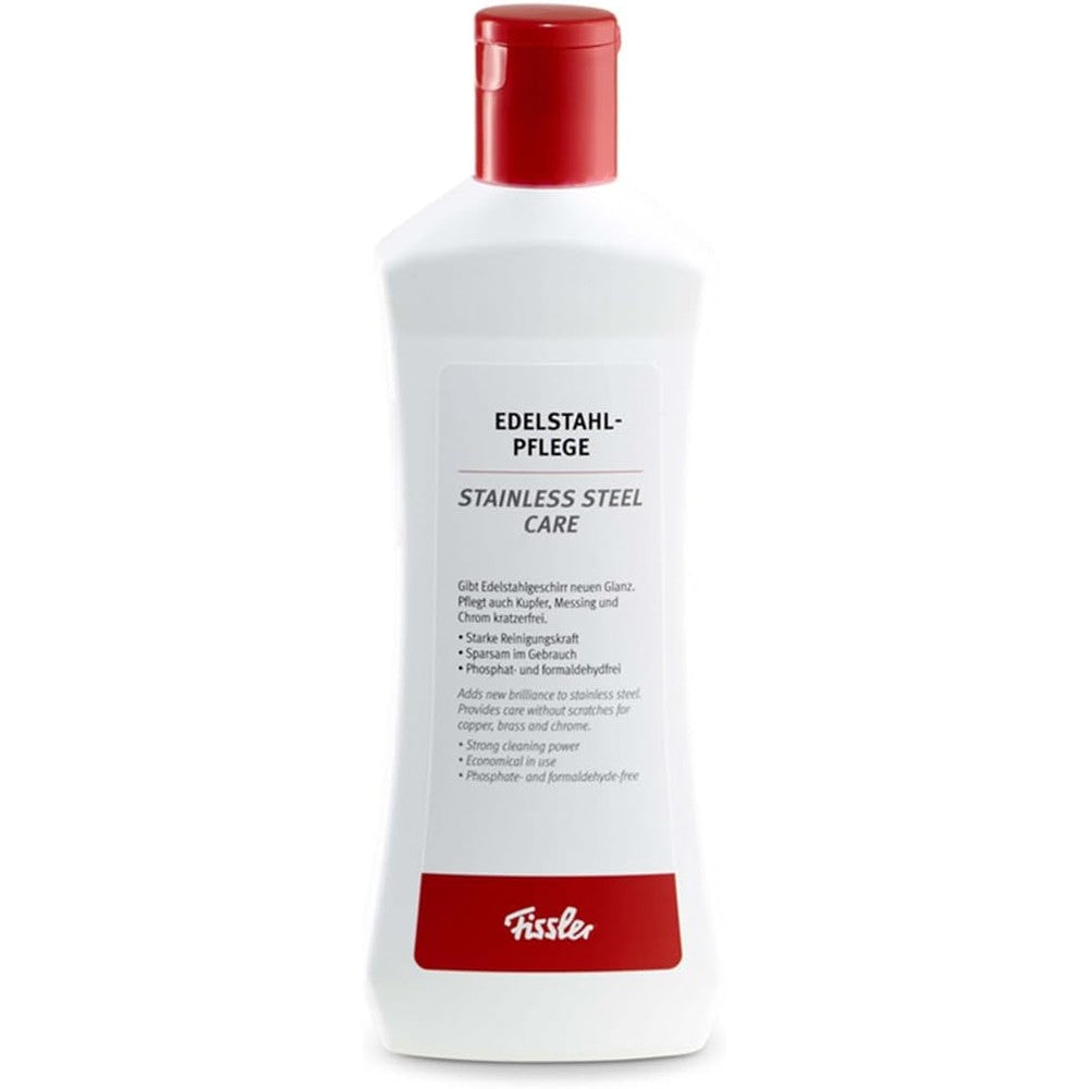 Fissler Stainless Steel Care 250ml front view bottle for premium cookware polishing.