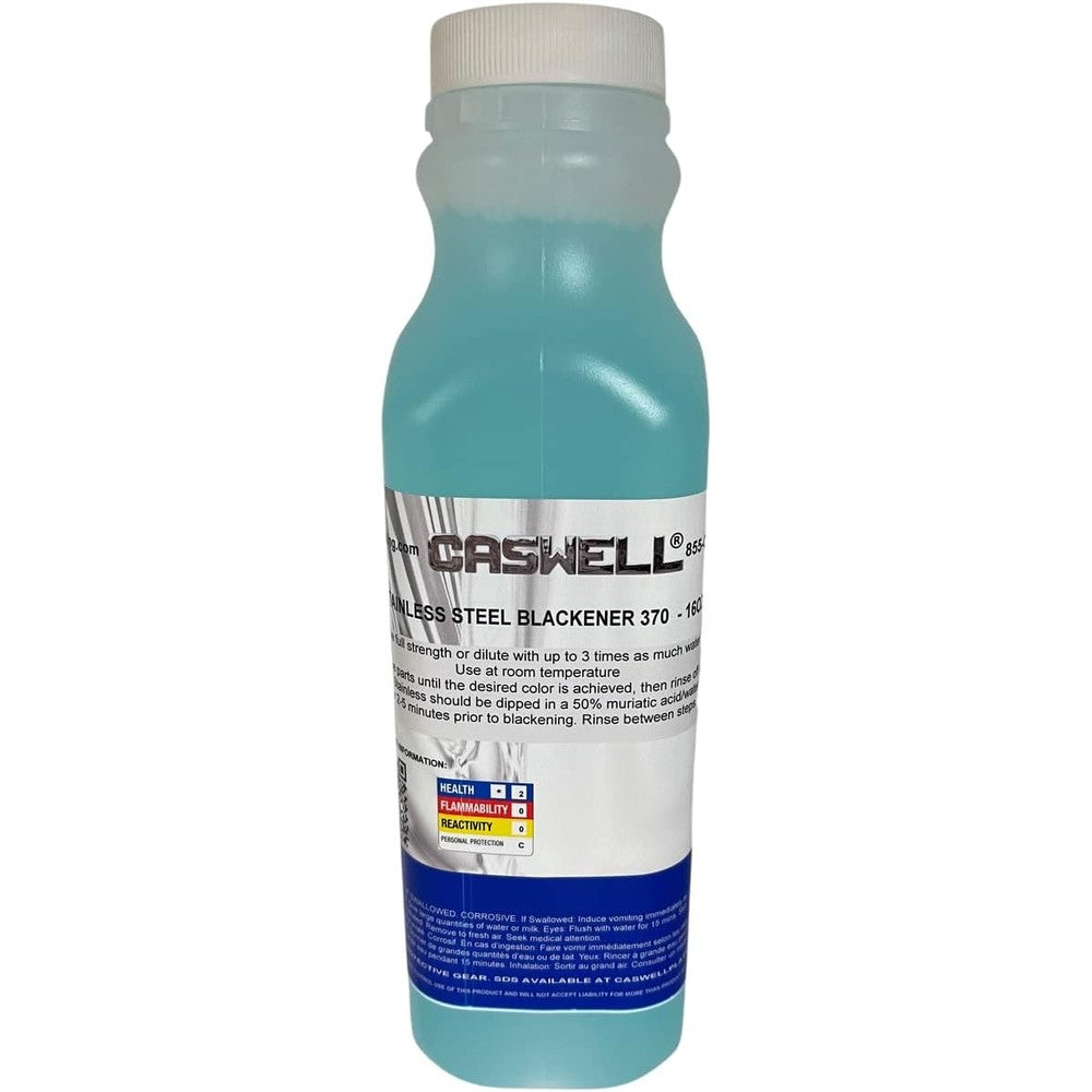 Caswell Stainless Steel Blackener 370 sixteen ounce bottle front view cold chemical blackening solution
