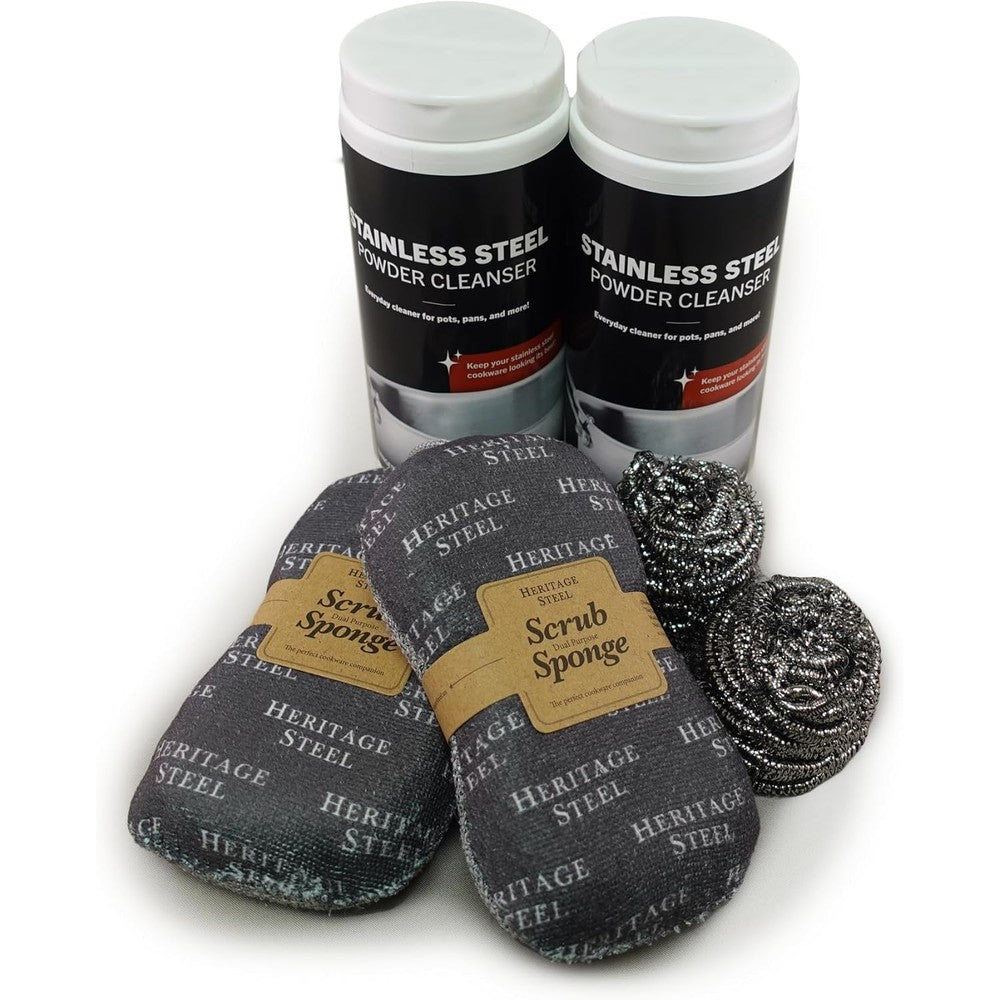 Heritage Steel Cleaning Kit front view showing powder cleanser canisters and scrubbing sponges