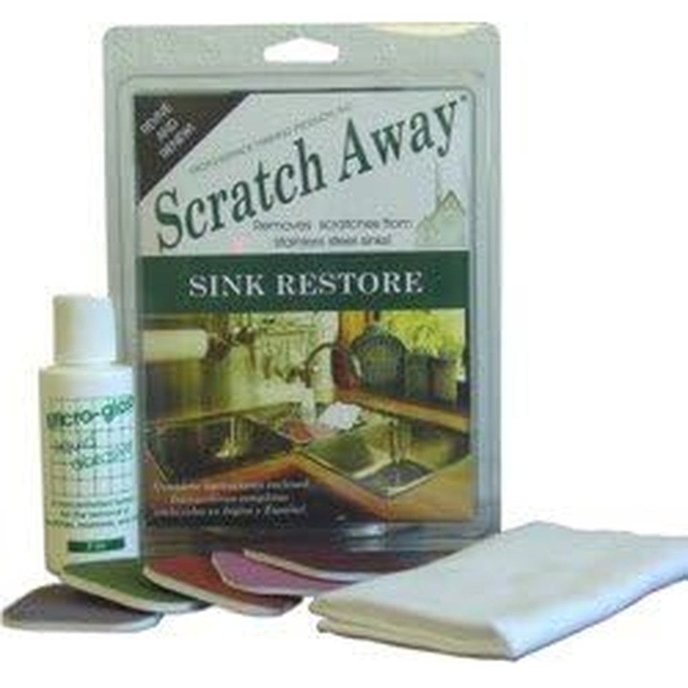 Micro-Mesh Scratch Away Sink Restore Kit front view showing color-coded scratch remover pads, micro-gloss liquid polish bottle, and flannel cloth for kitchen sink restoration.