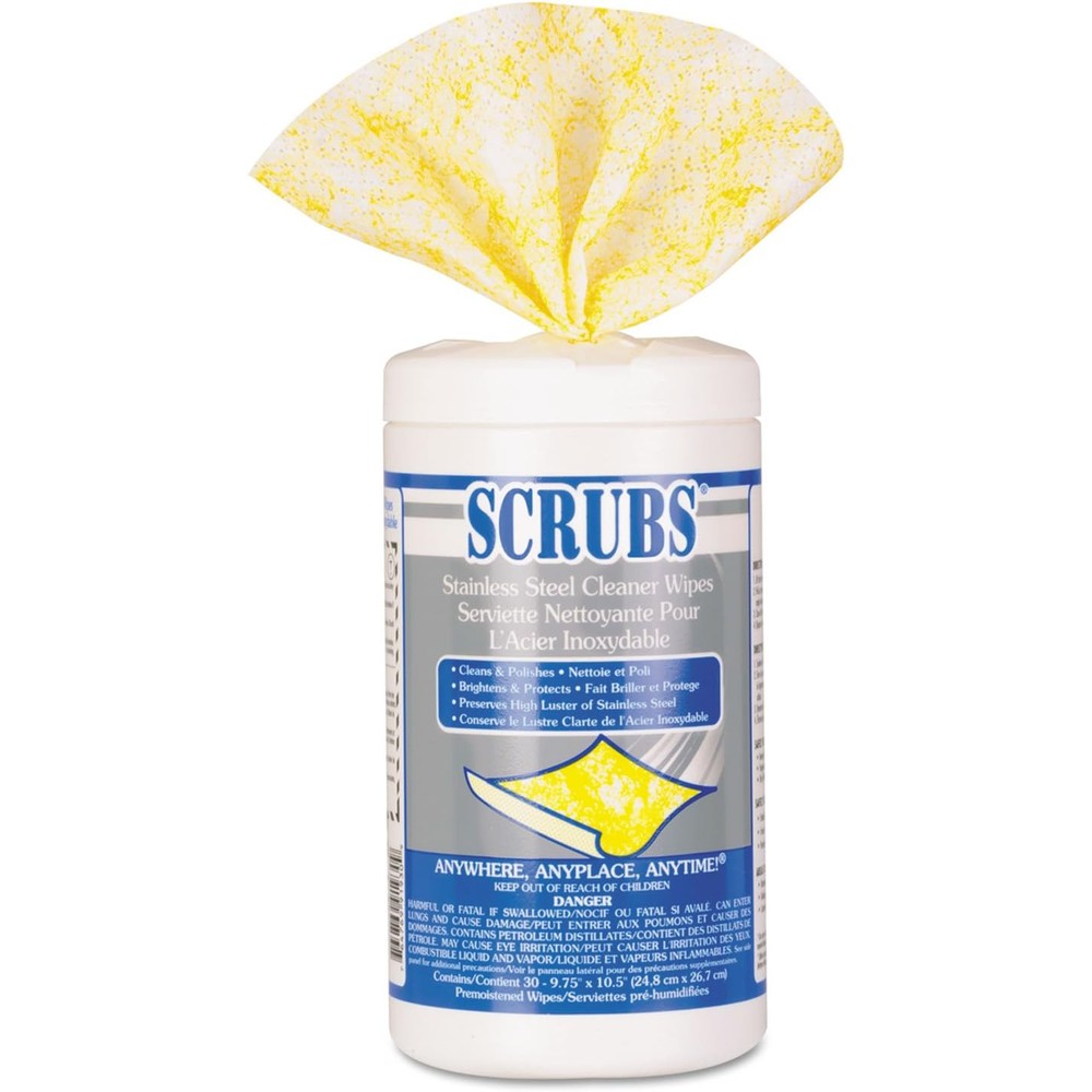SCRUBS stainless steel cleaner towels canister front view for appliance polishing