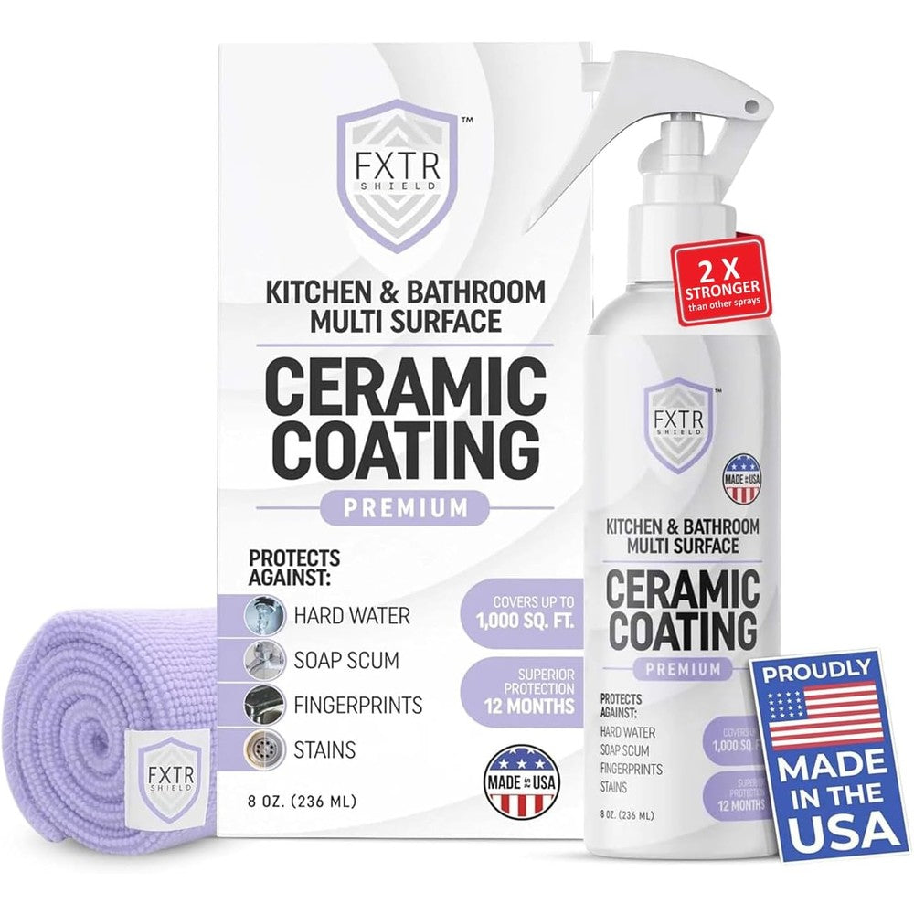 Fixture Shield Home Ceramic Coating Spray front view bottle with microfiber cloth for surface protection.