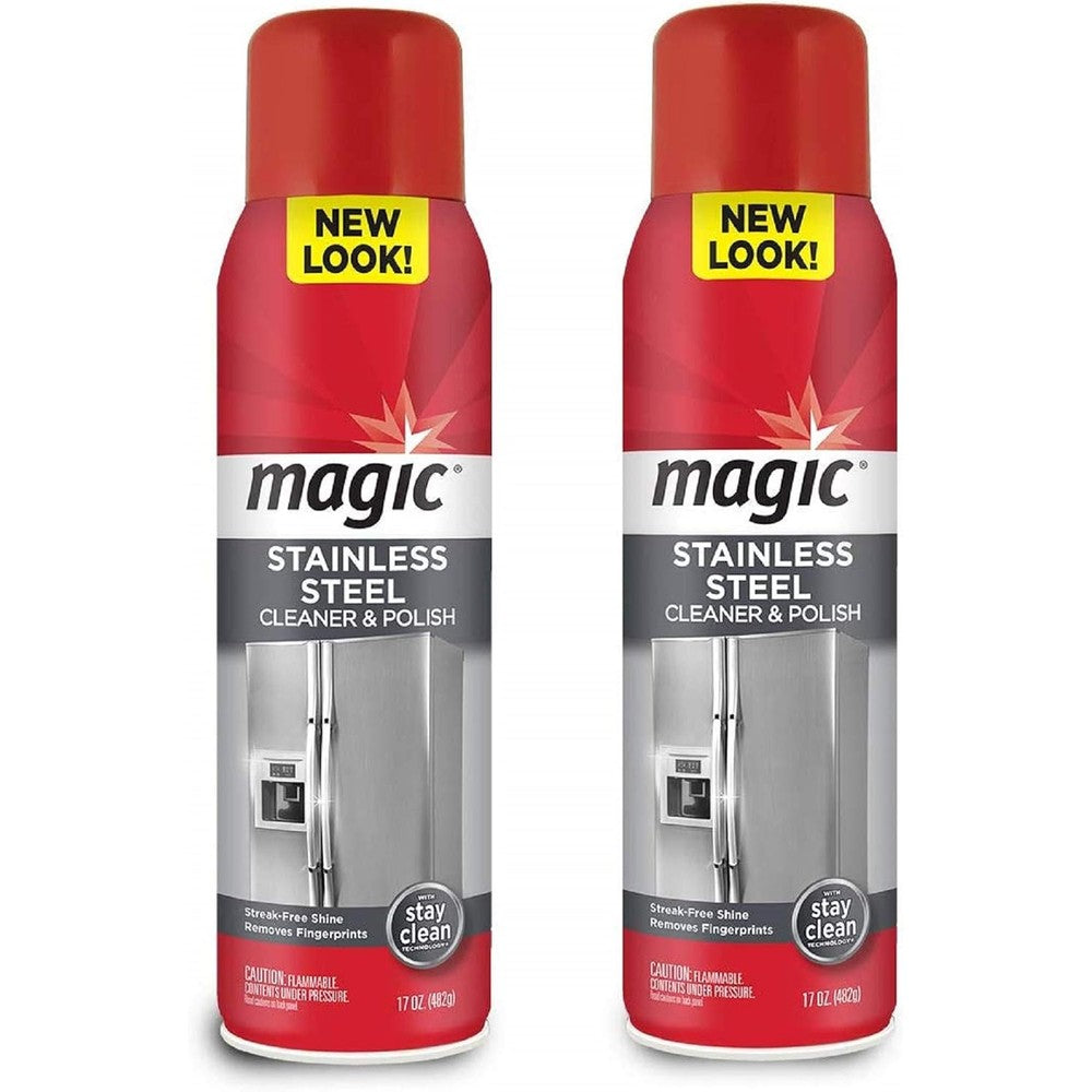 Magic Stainless Steel Cleaner Aerosol Two Pack front view kitchen appliance polish