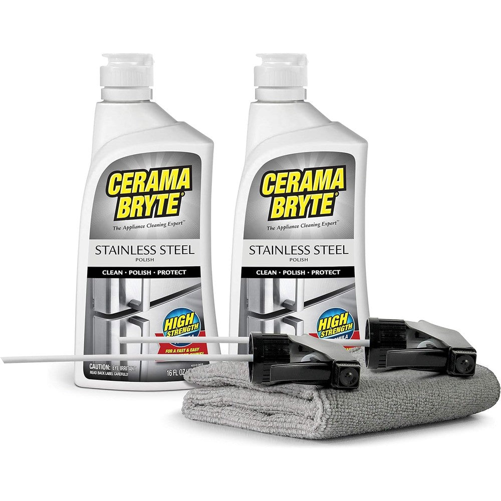 Cerama Bryte Stainless Steel Cleaner front view of two pack bottles with spray pumps