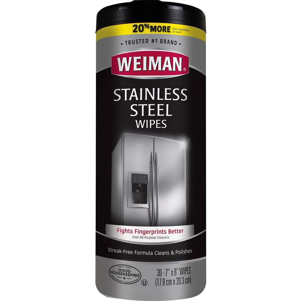 Weiman stainless steel appliance cleaning wipes canister front view for kitchen maintenance