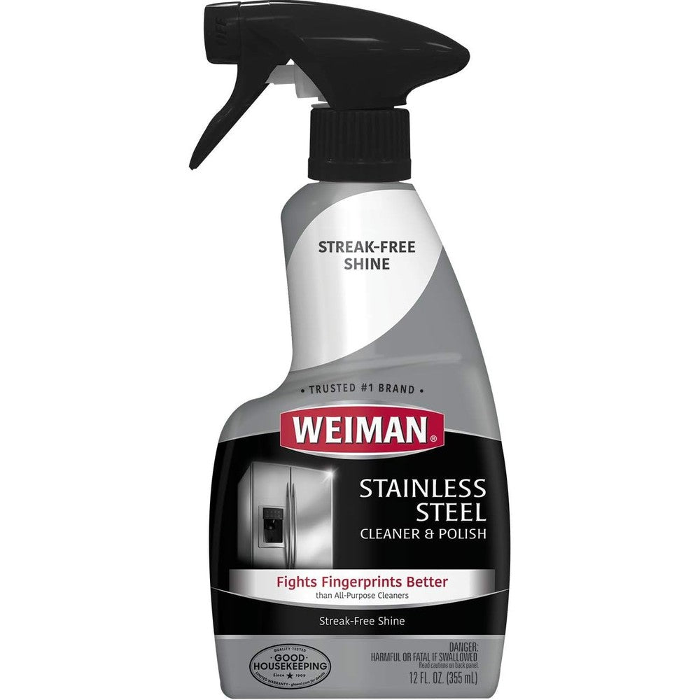 Weiman Stainless Steel Cleaner And Polish front view of twelve fluid ounce trigger spray bottle.