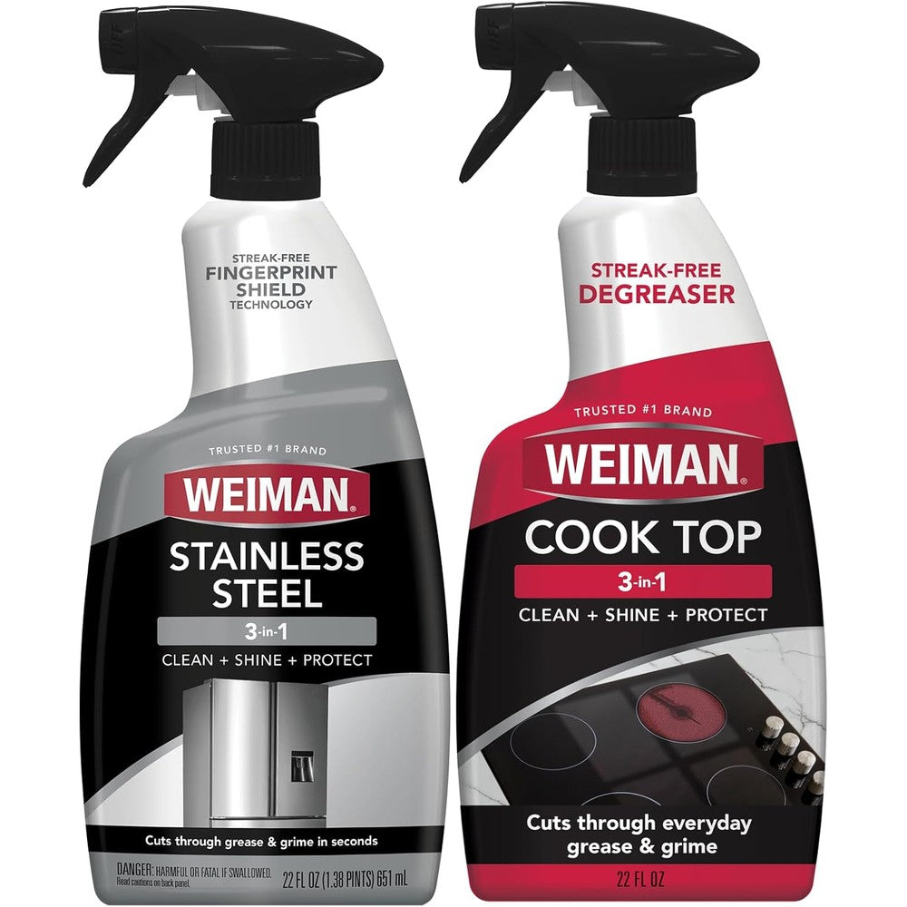 Weiman cooktop cleaner and stainless steel cleaner kit front view showcasing the two twenty two ounce bottles.