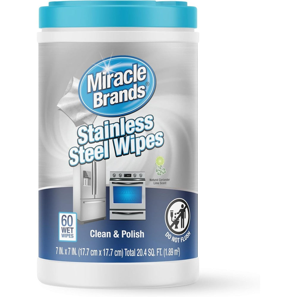 MiracleWipes stainless steel cleaning wipes 60 count canister front view