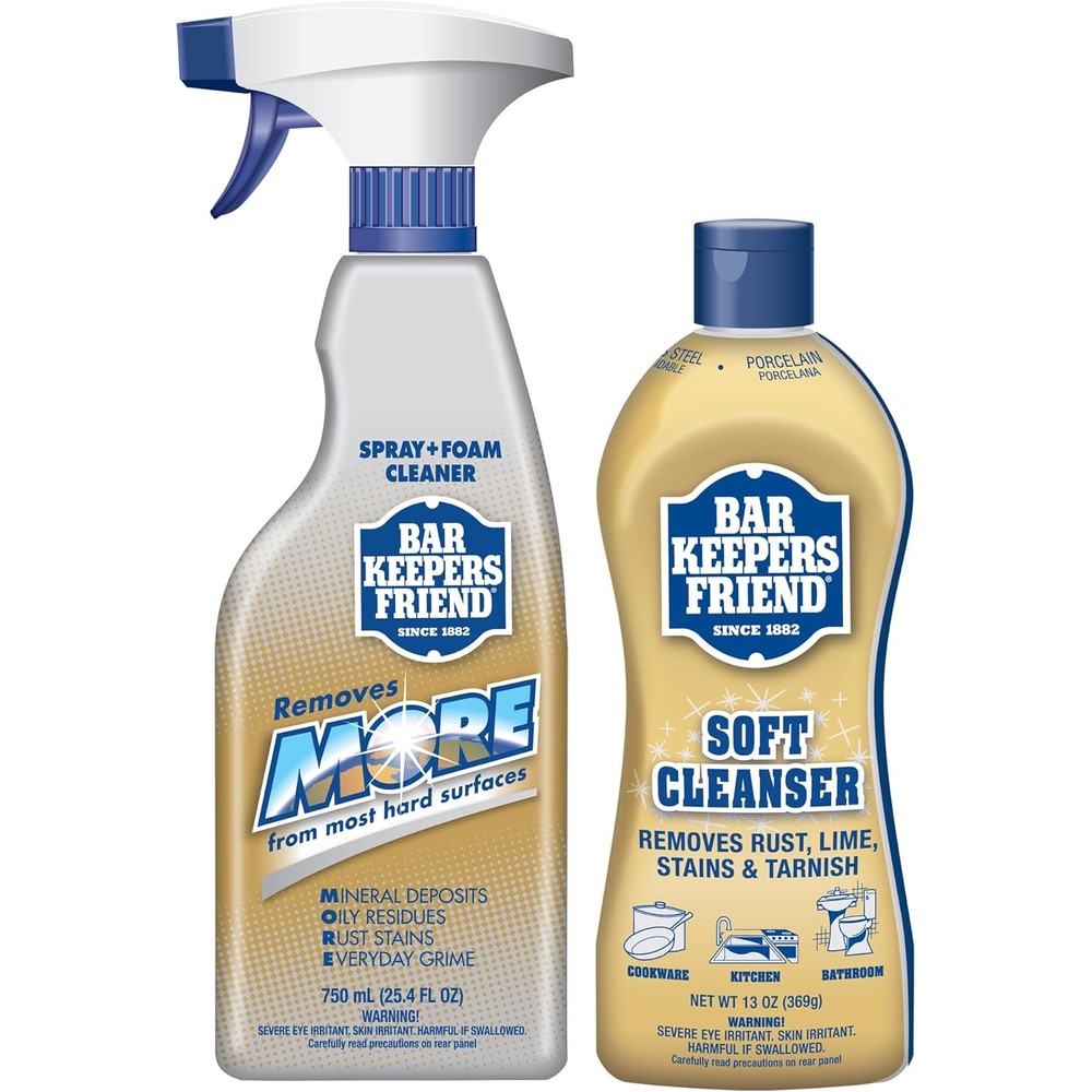 Bar Keepers Friend Soft Cleanser and MORE Spray bundle front view for stainless steel cleaning.