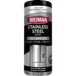 Weiman Stainless Steel Cleaner 30 Count container front view displaying appliance cleaning benefits.