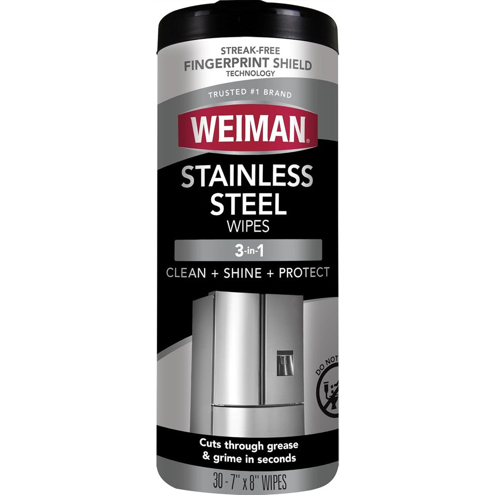 Weiman Stainless Steel Cleaner 30 Count container front view displaying appliance cleaning benefits.