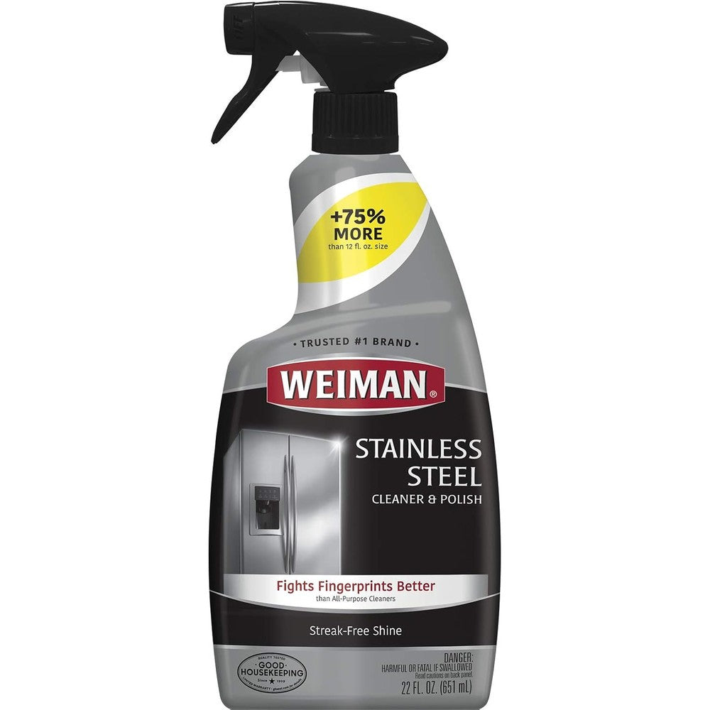 Weiman Stainless Steel Cleaner and Polish 22 Fluid Ounce spray bottle front view for kitchen appliance care.