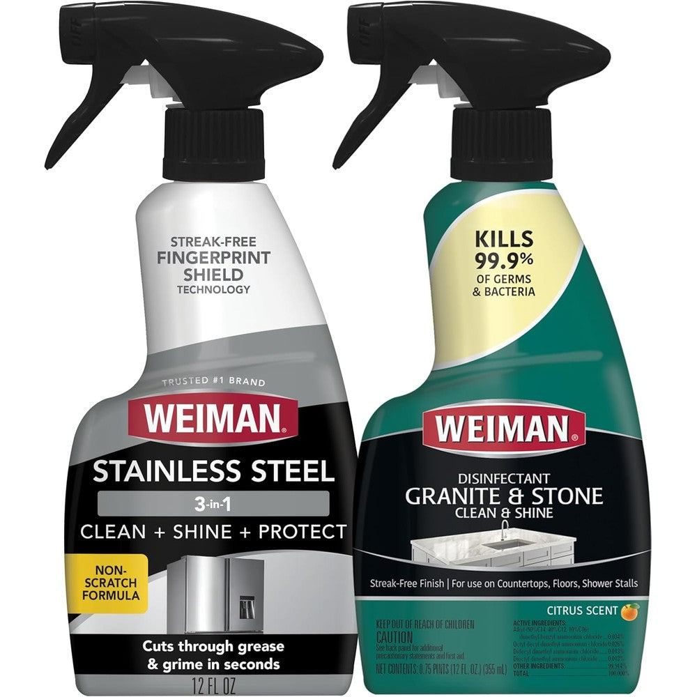 Weiman Stainless Steel and Granite Cleaner 12 Ounce front bottle view showing the dual surface trigger spray.