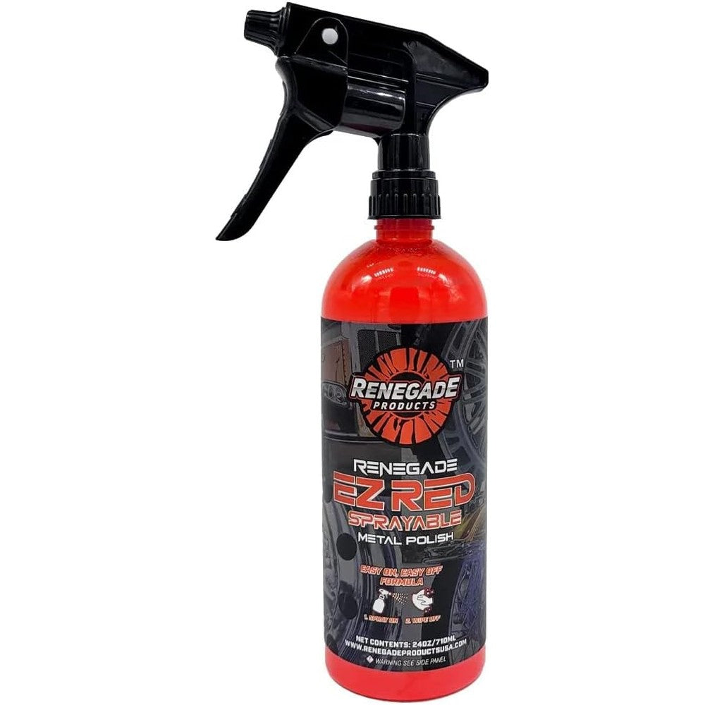 Renegade Products USA EZ Red Sprayable Metal Polish 24 Ounce front view showing the liquid spray bottle wrapper design.